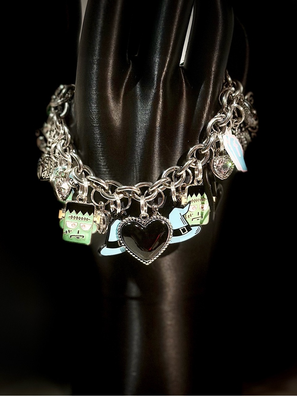 Silver Halloween Charm Bracelet with Black Heart & Green Enamel Charms